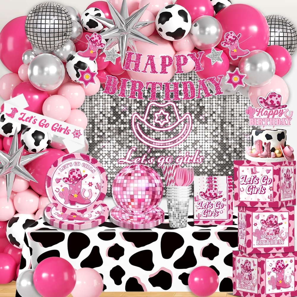 Cowgirl Birthday Party Supplies Disposable Tableware Set - Pink and Black